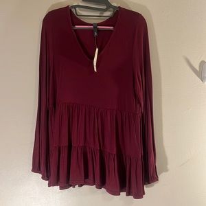 Maroon baby doll long sleeve v neck top
